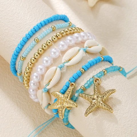Bohemian Layered Bracelet Ocean Starfish Shell Pendants Resin Beads Faux Artificial Pearl Beach Vacation Jewelry For Women