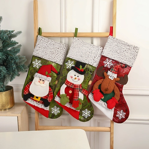 Large Christmas Stocking 3D Santa Snowman Reindeer Doll Plush Faux Fur Hanging Candy Gift Bag Holiday Party Home Decor