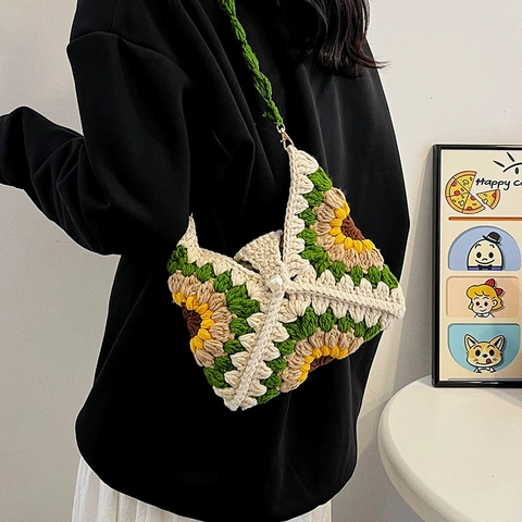 Sonnenblume Handgemachte Häkel Schultertasche Garn Oma Quadrat Blumen Strick Umhängetasche Retro Künstliche Perlenknopf Ästhetik Damen