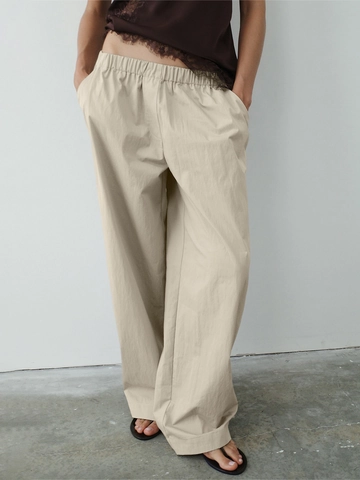 Women Pure Cotton Wide Leg Pants Elastic Waist Casual Straight Trousers Minimalist Solid Color With Pockets