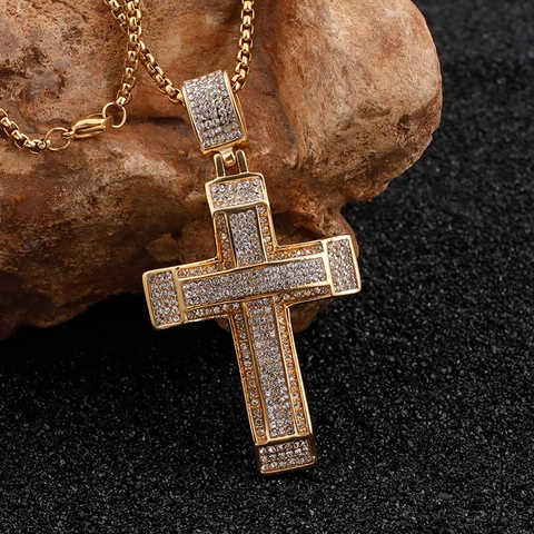 Collana Con Pendente A Croce Hip Hop Da Uomo Placcata In Oro 18K Acciaio Inossidabile Iced Out Zircone Catena Box Gioielli