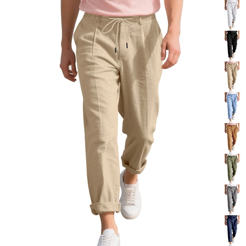 Men Linen Blend Casual Trousers Elastic Drawstring Waist Straight Leg Breathable Summer Holiday Beach Pants