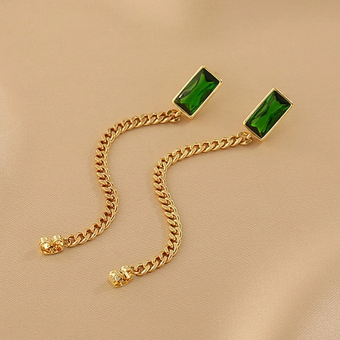 Vintage Emerald Green Crystal Geometric Drop Earrings With 925 Sterling Silver Earring Post Alloy Chain For Women