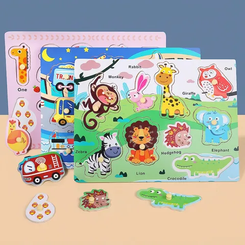 Montessori Wooden Peg Puzzle Toddler Early Learning Educational Toys Hand Grab Board Alphabet Number Shape Cognition Jigsaw