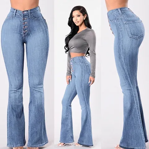 High Waisted Flare Jeans For Women Stretchy Denim Slim Fit Retro Button Fly Washed Bootcut Comfy Trousers