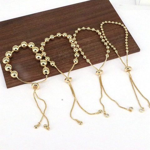 Adjustable Beaded Bracelet Gold Plated Copper Round Beads Minimalist Retro Sliding Jewelry For Women Rhinestone Accents