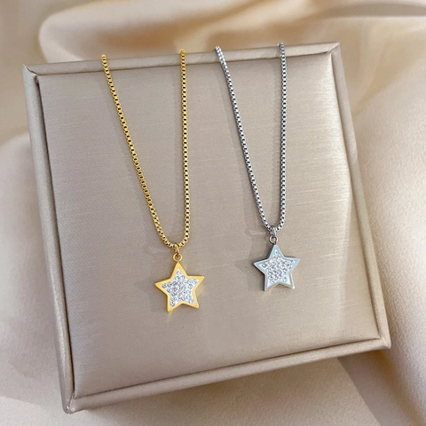 Star Shape Pendant Necklace Titanium Steel Pave Cubic Zirconia Box Chain Minimalist Jewelry For Women