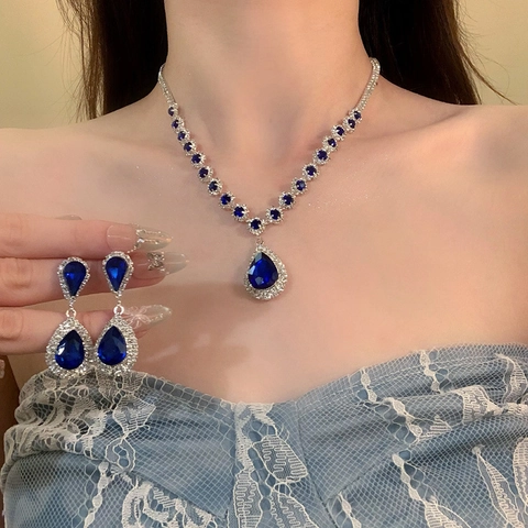 Teardrop Blue Zircon Necklace And Earrings Jewelry For Women Copper Silver Earring Post Luxury Elegant Court Style