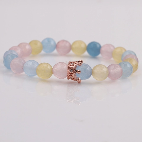 Men Beaded Bracelet Natural Stone Faceted Beads With Alloy Crown Charm Elastic Wristband Elegant Jewelry