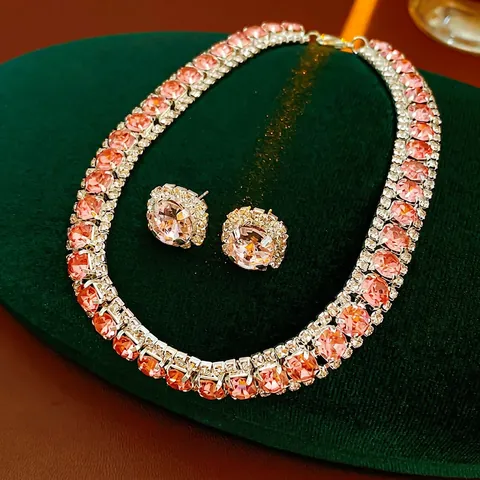 Collana E Orecchini In Rame Con Cristallo Rosa Strass Gioielli Moda Lusso Da Donna