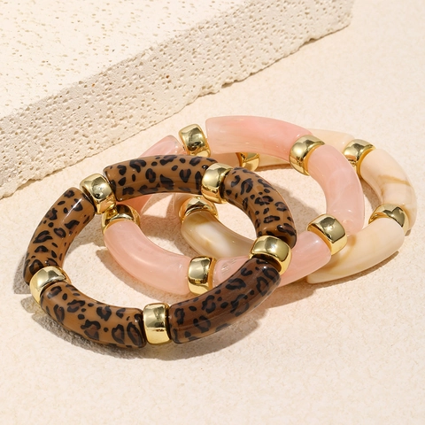 Bracelet Élastique En Acrylique À Joint De Bambou Avec Entretoises En Métal Doré Vintage Marbre Léopard Pour Femmes
