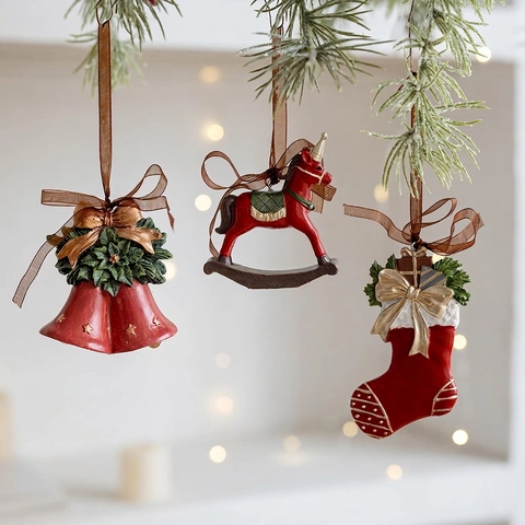 Christmas Tree Hanging Ornaments Retro Resin Elf Santa Angel Rocking Horse For Holiday Home Decor Party Decorations