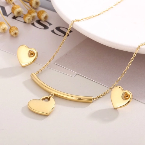 Collar Con Colgante De Corazón Y Pendientes De Botón Acero Inoxidable Sonrisa Barra Curva Joyas Para Mujeres Moda Minimalista