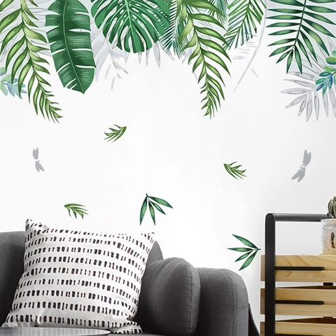 Autocollants Muraux Feuilles Vertes Tropicales PVC Auto-Adhésifs Monstera Palmier Décoration Pour Salon Chambre Moderne