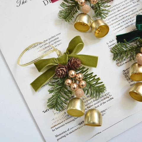 Christmas Hanging Ornament Velvet Bow With Golden Metal Bells Pine Cones And Pine Needles Festive Home Wall Decor