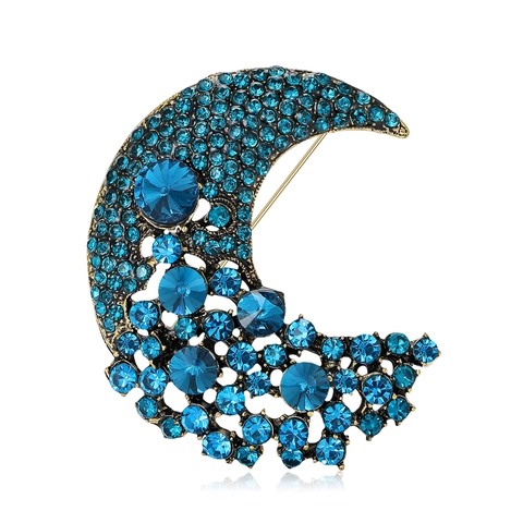 Vintage Crescent Moon Brooch Alloy Rhinestone Inlaid Crystal Breastpin Jewelry Fashion Accessory For Women Clothing Pin