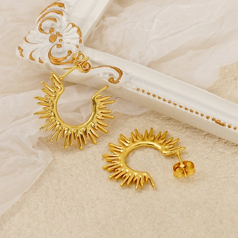 Radiant Sunburst C Shaped Earrings 18K Gold Plated Stainless Steel Geometric Spiky Chic Trendy Jewelry For Women