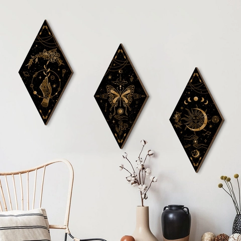 Bohemian Moon Phase Wall Hanging Decor Wooden Diamond Shape Mystical Butterfly Pattern Boho Style For Living Room Home