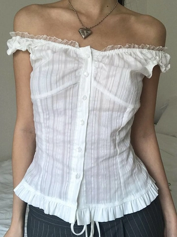 Off Shoulder Rüschen Bluse Viscose Knopf Vorne Ärmellos Geripptes Crop Top Y2K Mode Lässige Streetwear Für Damen