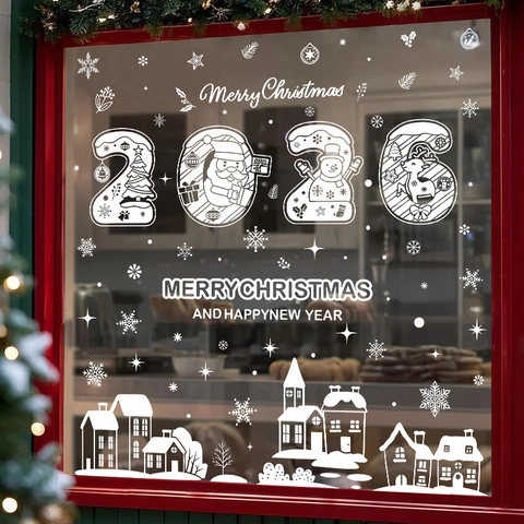 Christmas Window Stickers PVC Static Cling Snowflake Santa Reindeer 2026 New Year Glass Decals Winter Festive Home Decor