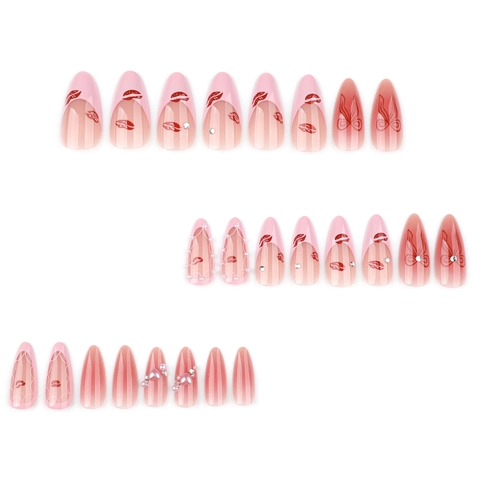 Pink Almond Press On Nails French Design With Red Lip Prints Bow Patterns Artificial Pearl Rhinestone For Women