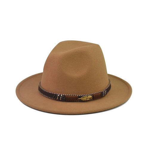 Wide Brim Fedora Hat Woolen Felt With Golden Feather Metal Buckle Braided Band Vintage Solid Color Jazz Sun Hat