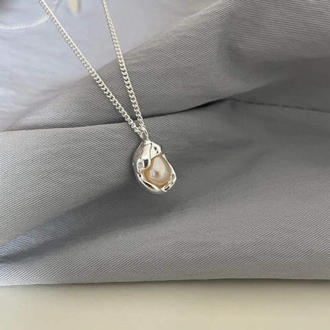 Collana con Perla d'Acqua Dolce Naturale in Argento Sterling 925 per Donna Stile Coreano Minimalista Ciondolo Irregolare Gioielli