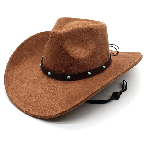 Vintage Westerse Cowboyhoed Suède Turquoise Klinknagels Leren Band Brede Rand Fedora Jazz Hoed Met Koord Voor Dames Heren