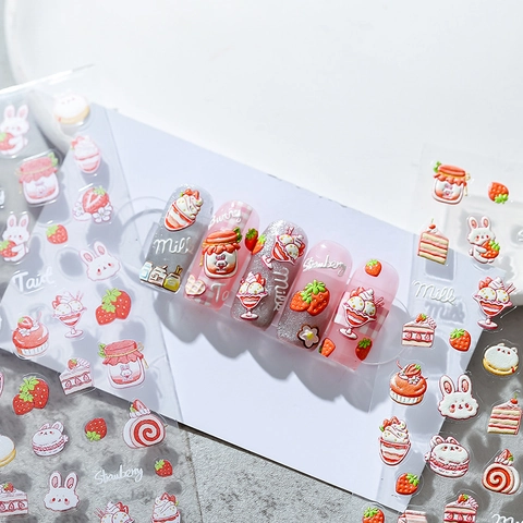 Reliëf Nagelkunst Stickers Schattig Aardbeientaart Konijn Ontwerp Zelfklevend Manicure Decoratie DIY