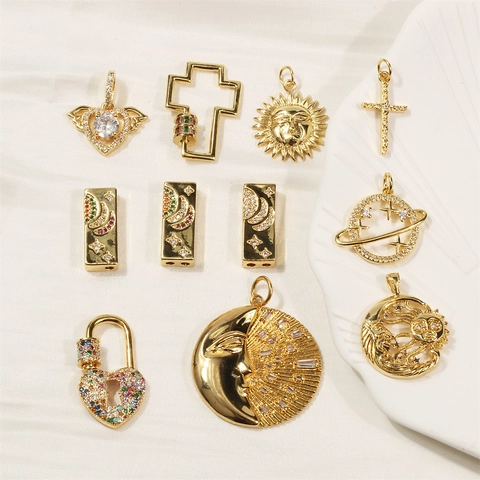 Copper Gold Plated Celestial Sun Moon Star Cross Charms With Zircon For DIY Jewelry Making Trendy Boho Pendants