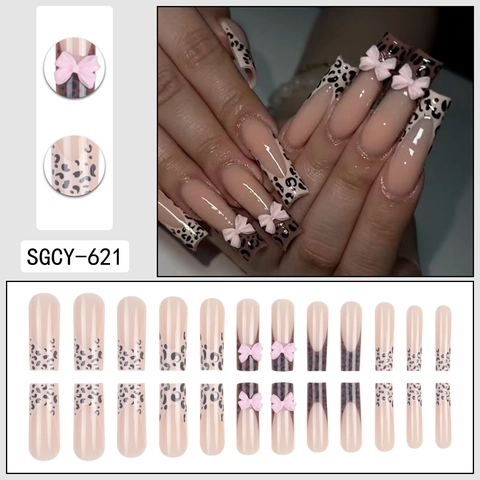 Unghie Finte Lunghe Coffin Stampa Leopardata Francese Con Fiocco Rosa 3D Unghie Artificiali Full Cover Donna