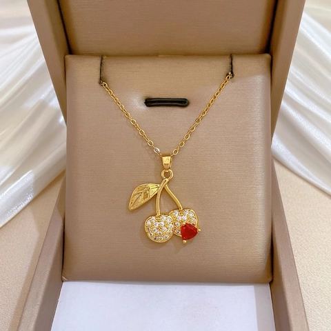 Kirsch Anhänger Halskette Mit Rotem Herzstein Weißem Zirkon Edelstahlkette Vergoldeter Schmuck Für Damen