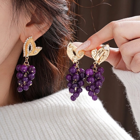 Orecchini A Goccia D Uva Con Perline Viola Lega Strass Foglia Stile Vintage Francese Per Donne Perno In Argento