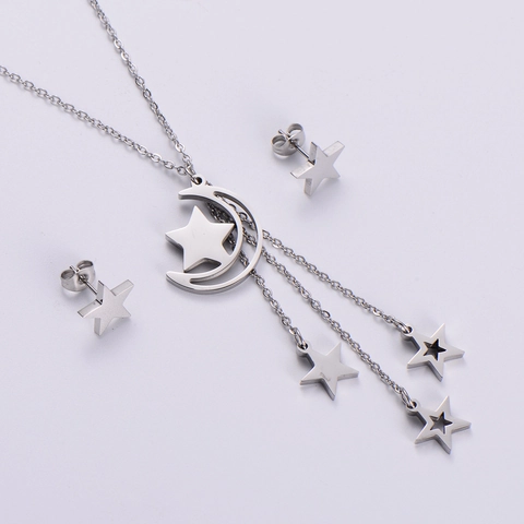 Collana Con Pendente A Luna E Stella Con Nappe E Orecchini A Lobo Acciaio Inossidabile Placcato Oro Per Donna
