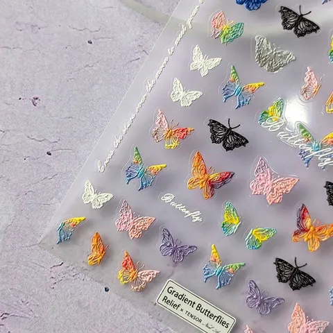 Autocollants Art Ongles Papillon Relief 5D PET Auto-Adhésifs 3D Dégradé Coloré Décoration Manucure DIY Pour Femmes