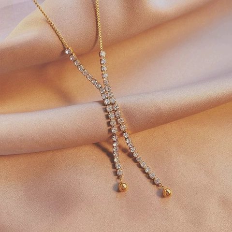 Collana Con Nappine A Forma Di Y In Acciaio Al Titanio Pieno Strass Doppia Sfera Gioielli Eleganti Da Donna