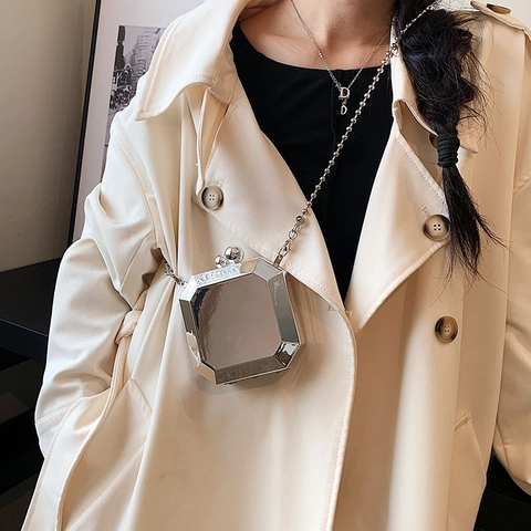 Mini Oktogonale Geometrische Abend Clutch Tasche Acryl Spiegel Finish Metall Kettenriemen Kleine Box Handtasche Party