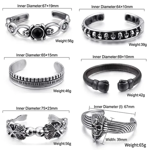 Retro Punk Skull Head Cuff Bangle 316L Stainless Steel Vintage Open Bracelet For Men Gothic Hip Hop Jewelry