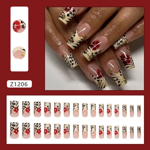 Französisch Leopard Print Künstliche Nägel Mit Roten Blumen Goldperlen Lange Sargform ABS Kunststoff Nagelspitzen Mode