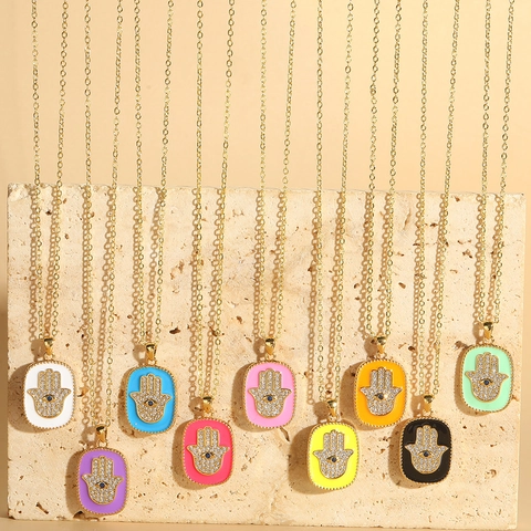 Hamsa Hand Böser Blick Anhänger Halskette Für Damen Kupfer Zirkonia Bunte Emaille Vergoldet Schlüsselbein Kette Schmuck
