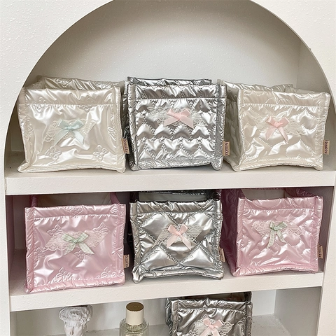 Quilted PU Storage Box Heart Pattern Desktop Organizer Basket With Bowknot Lace For Makeup Stationery Cute Kawaii