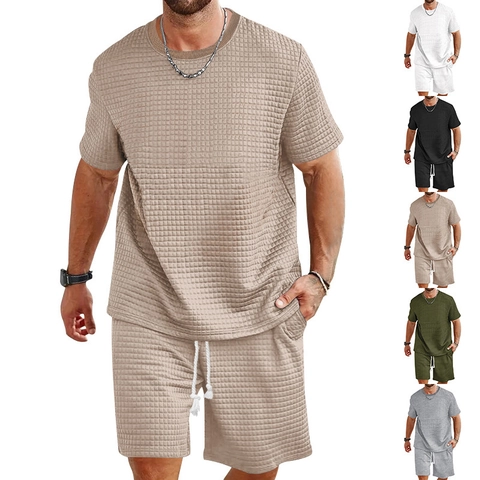 Men Waffle Knit T-Shirt And Shorts Summer Casual Sport Solid Color Round Neck Leisure Relaxed Fashion Outfit