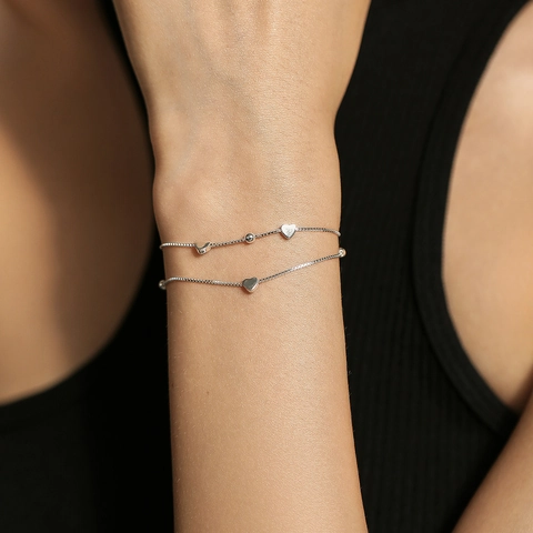 925 Sterling Silver Double Layer Heart Bracelet For Women Minimalist Chic Elegant Box Chain Adjustable Jewelry