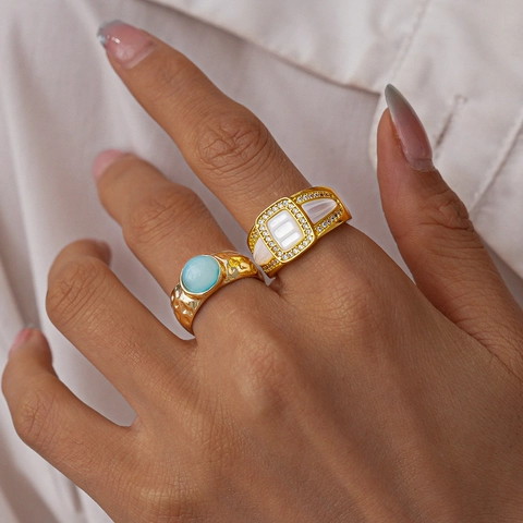 Vintage Adjustable Open Rings For Women Hammered Copper Band With Shell And Zircon Geometric Luxury Jewelry Accessory