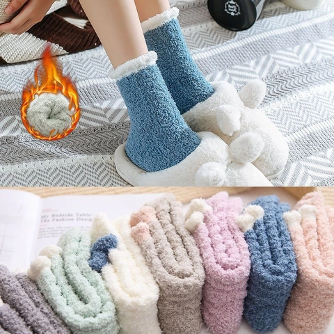Women Coral Fleece House Socks Thickened Warm Plush Home Sleep Socks Contrast Color Soft Mid Tube Winter Indoor