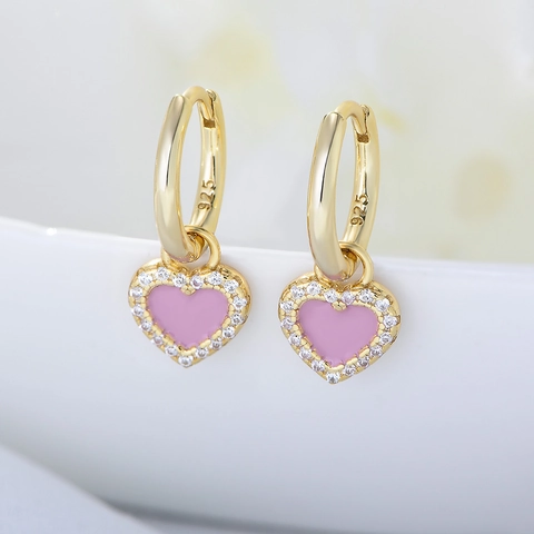 925 Sterling Silver Pink Enamel Heart Earrings For Women Gold Silver Plated Rhinestone Dainty Jewelry Accessories Gift