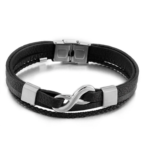 Infinity Symbol Bracelet For Men Multi Layer Braided Leather Stainless Steel Clasp Fashion Jewelry