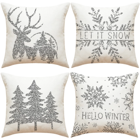 Kerst Kussenslopen Zilveren Glitter Sneeuwvlok Rendier Linnen Kussenhoezen Voor Bank Woondecoratie Winter Vakantie
