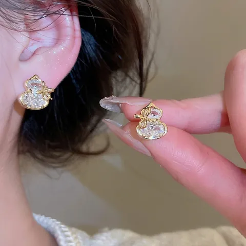 Gourd Zirkon Ohrstecker Mit Silberohrstecker Vergoldetes Kupfer Schleife Vintage Eleganter Chinesischer Stil Schmuck