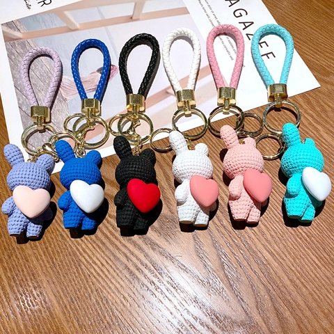 Cartoon Knitted Texture Bear Rabbit Keychain With Heart Pendant Cute Couple Bag Charm Car Key Ring Accessories Gift For Women